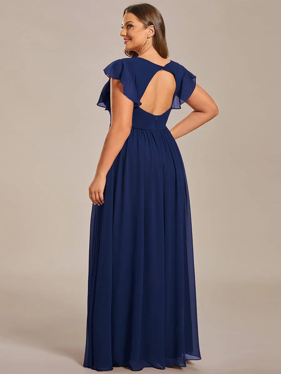 Robe de demoiselle d'honneur en mousseline de soie à manches plissées grande taille