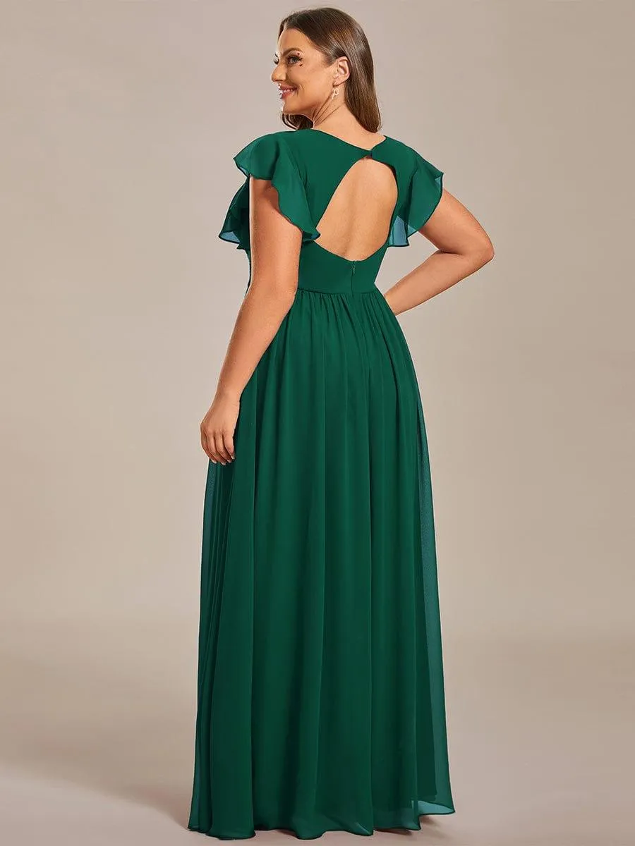 Robe de demoiselle d'honneur en mousseline de soie à manches plissées grande taille