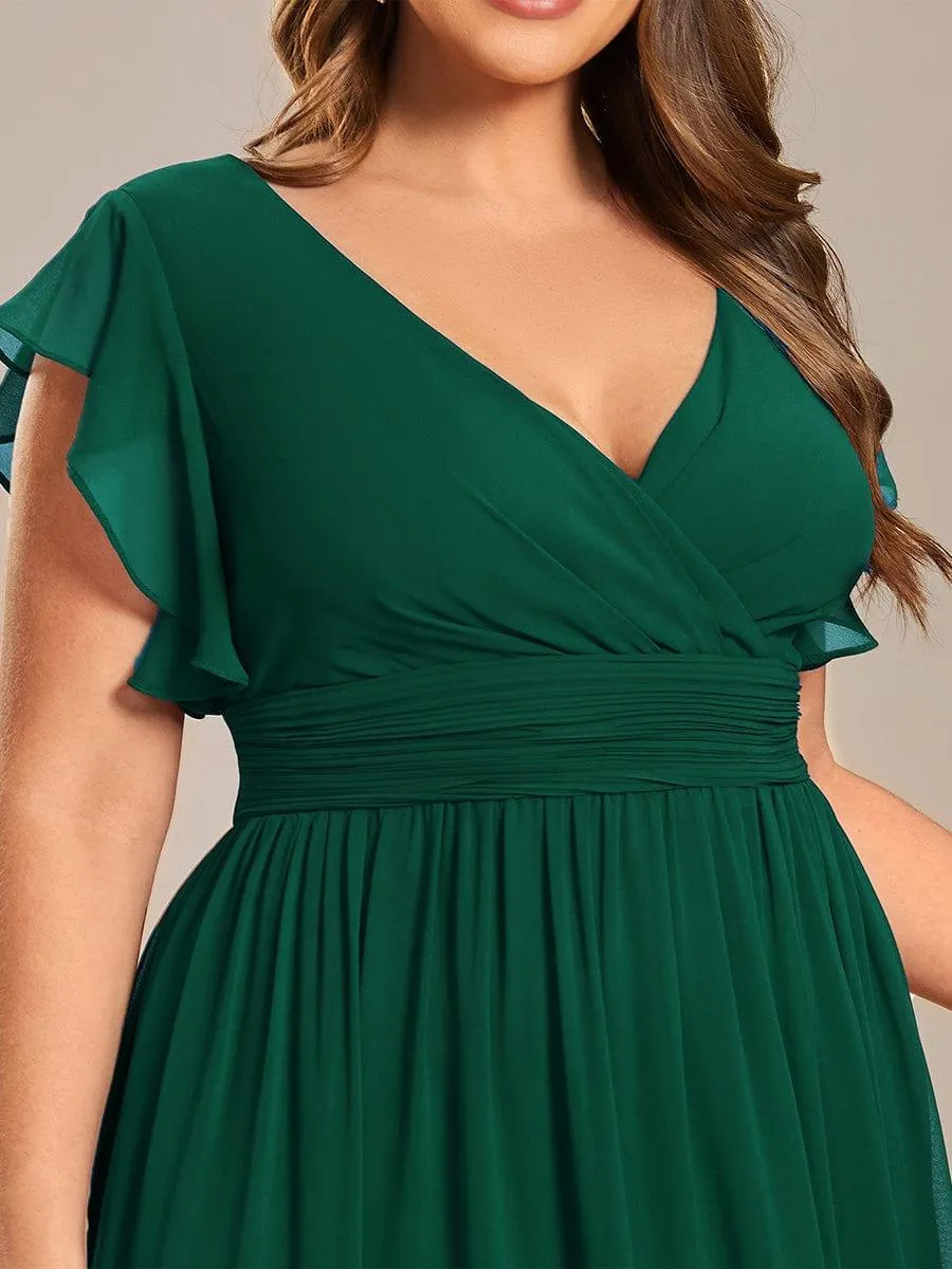 Robe de demoiselle d'honneur en mousseline de soie à manches plissées grande taille