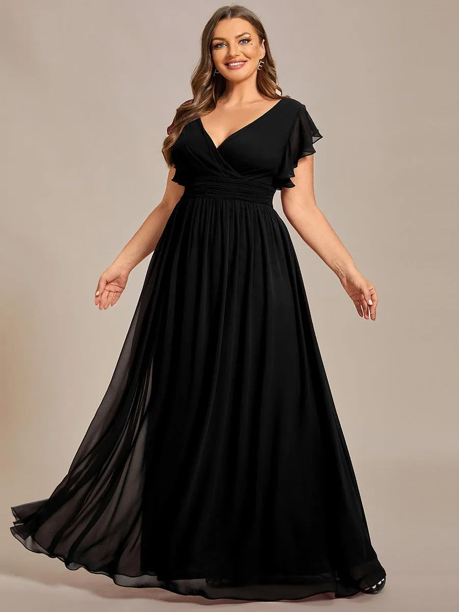 Robe de demoiselle d'honneur en mousseline de soie à manches plissées grande taille