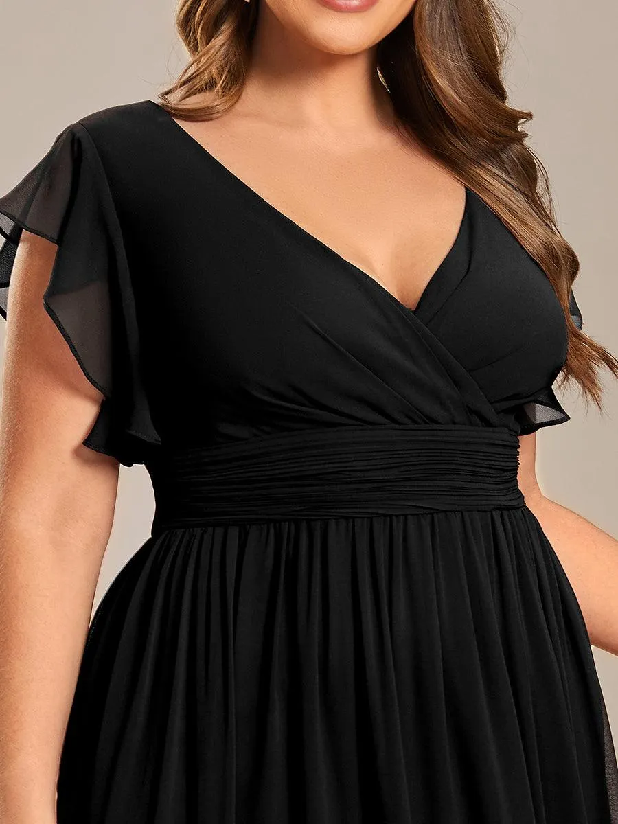 Robe de demoiselle d'honneur en mousseline de soie à manches plissées grande taille