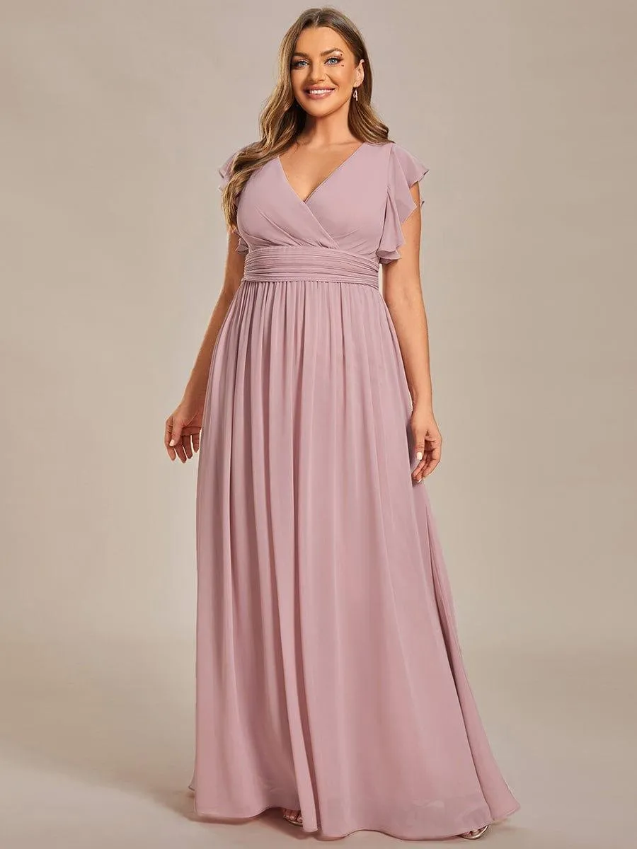 Robe de demoiselle d'honneur en mousseline de soie à manches plissées grande taille