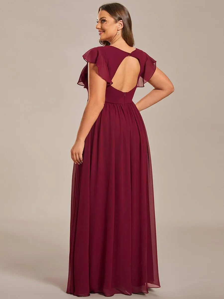 Robe de demoiselle d'honneur en mousseline de soie à manches plissées grande taille