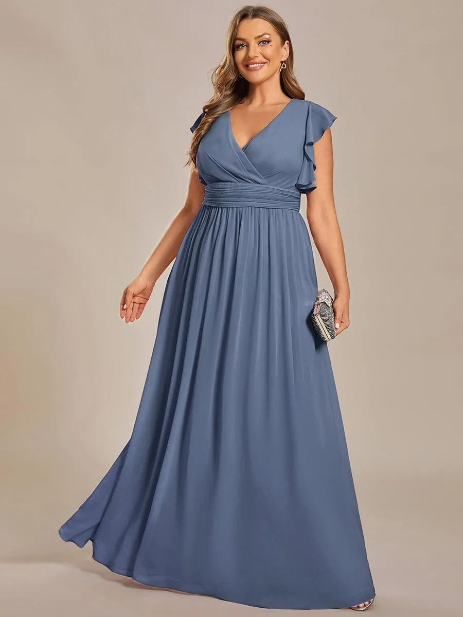 Robe de demoiselle d'honneur en mousseline de soie à manches plissées grande taille