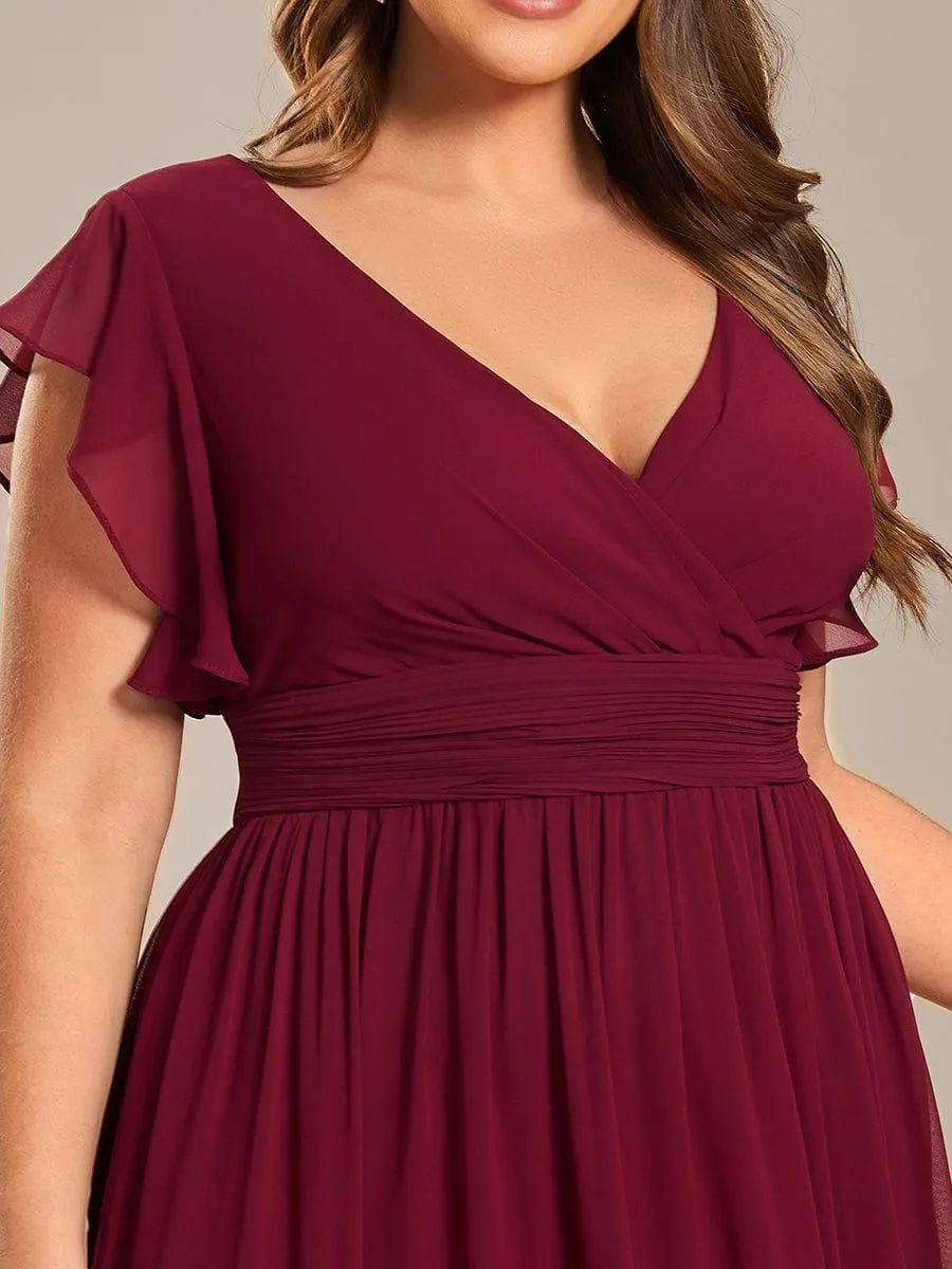 Robe de demoiselle d'honneur en mousseline de soie à manches plissées grande taille