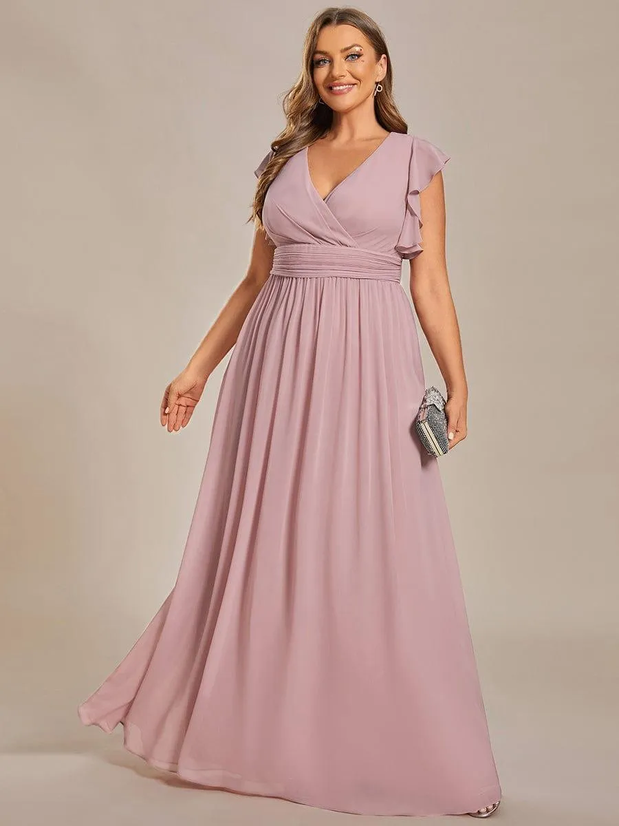 Robe de demoiselle d'honneur en mousseline de soie à manches plissées grande taille
