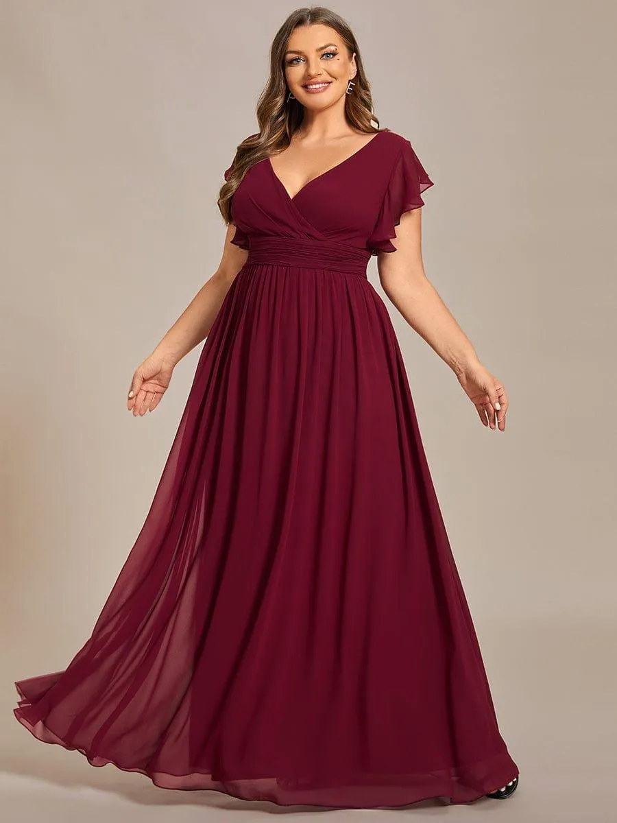 Robe de demoiselle d'honneur en mousseline de soie à manches plissées grande taille