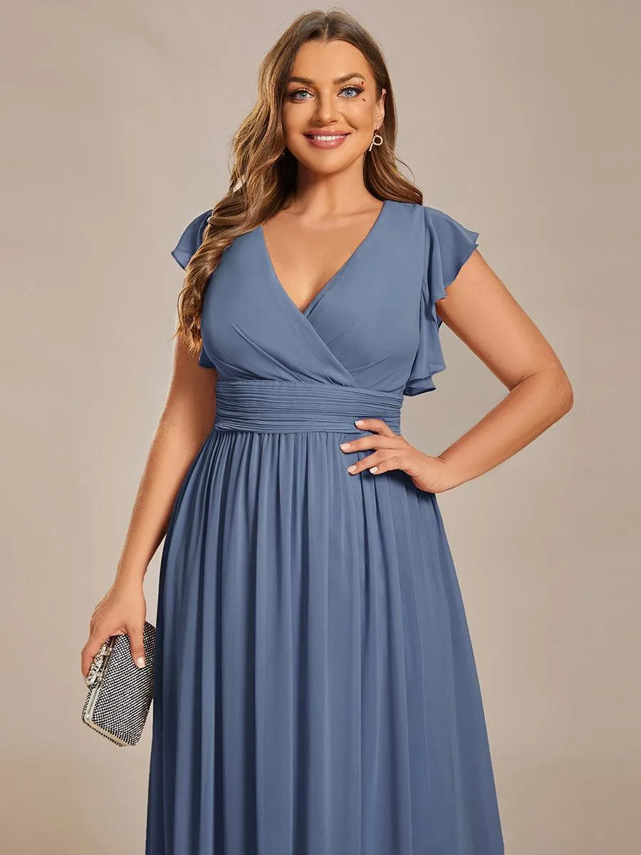 Robe de demoiselle d'honneur en mousseline de soie à manches plissées grande taille