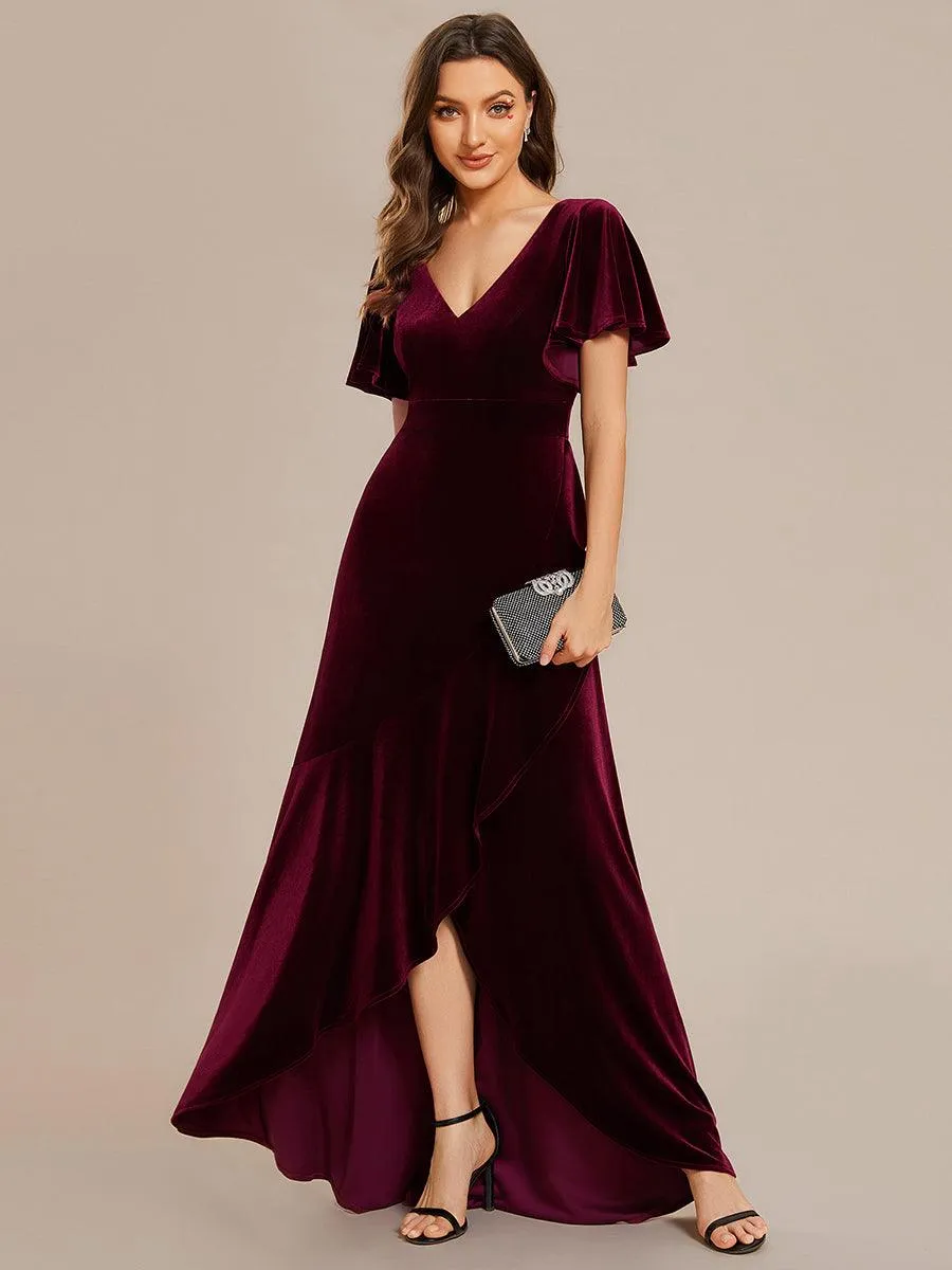 Robe de soirée en velours extensible à double col en V et manches courtes avec ourlet en feuille de lotus