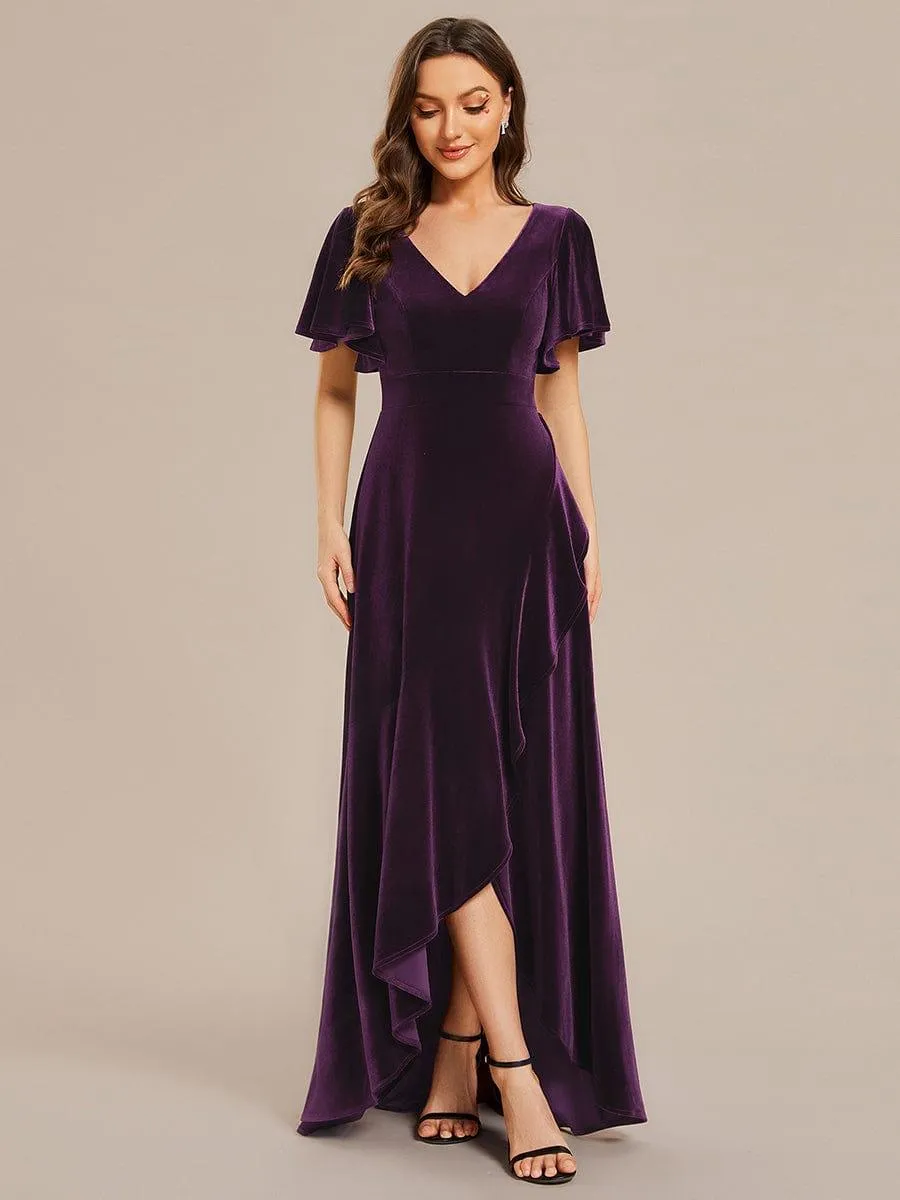 Robe de soirée en velours extensible à double col en V et manches courtes avec ourlet en feuille de lotus