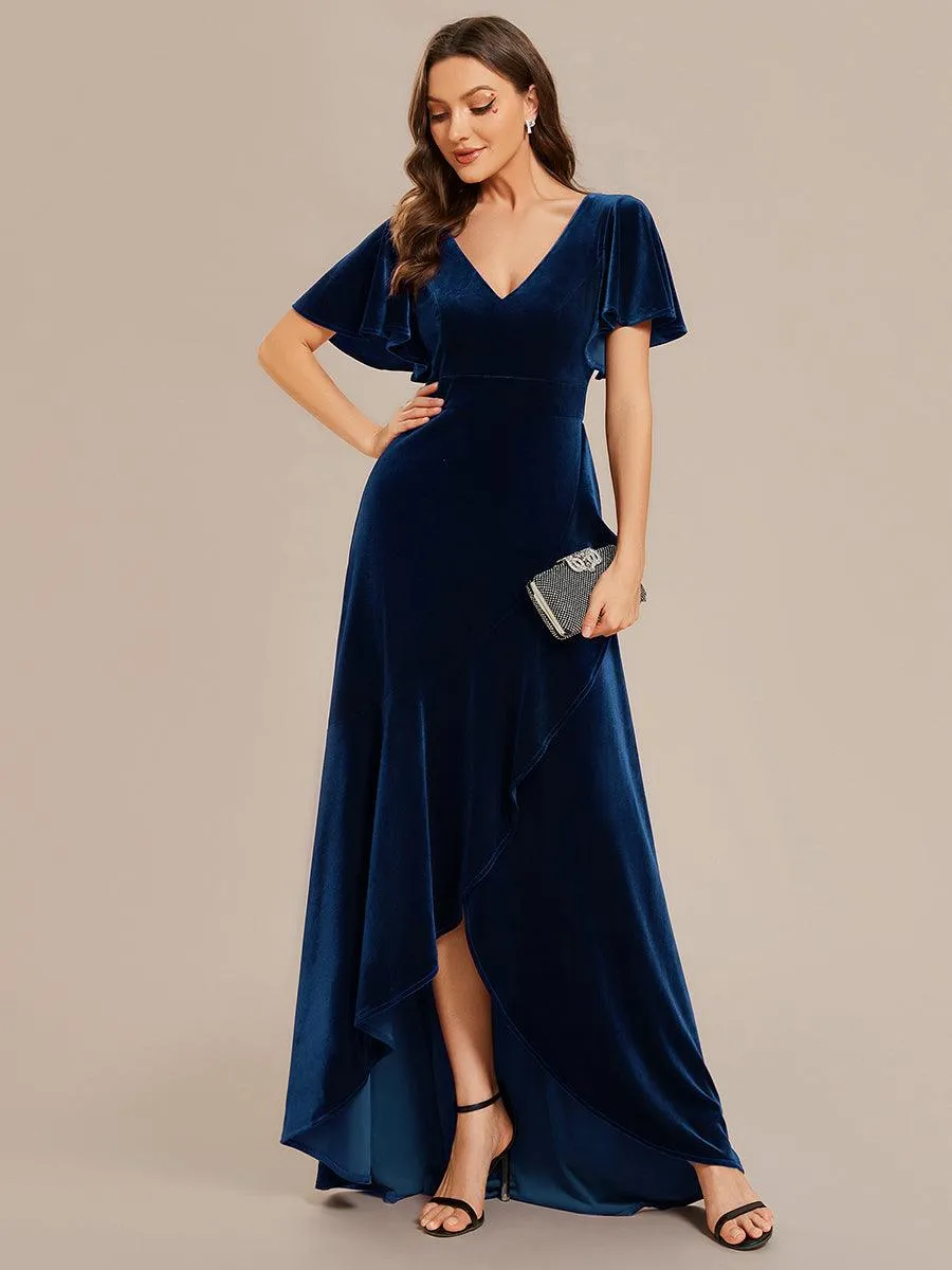 Robe de soirée en velours extensible à double col en V et manches courtes avec ourlet en feuille de lotus