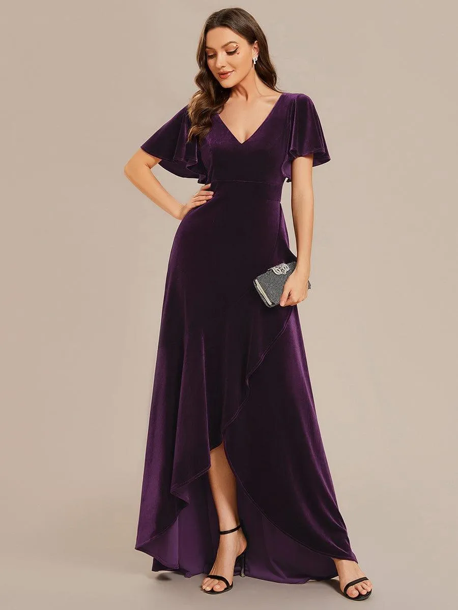 Robe de soirée en velours extensible à double col en V et manches courtes avec ourlet en feuille de lotus