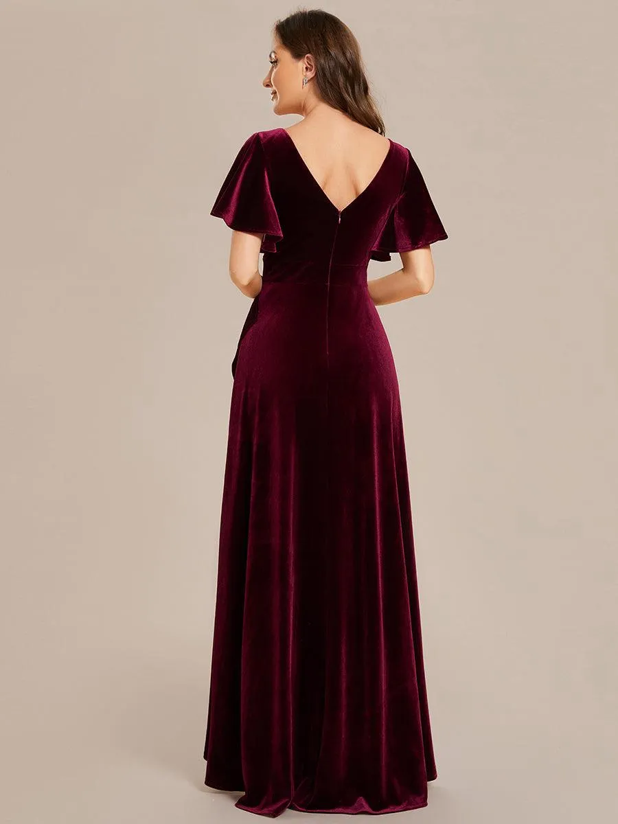 Robe de soirée en velours extensible à double col en V et manches courtes avec ourlet en feuille de lotus