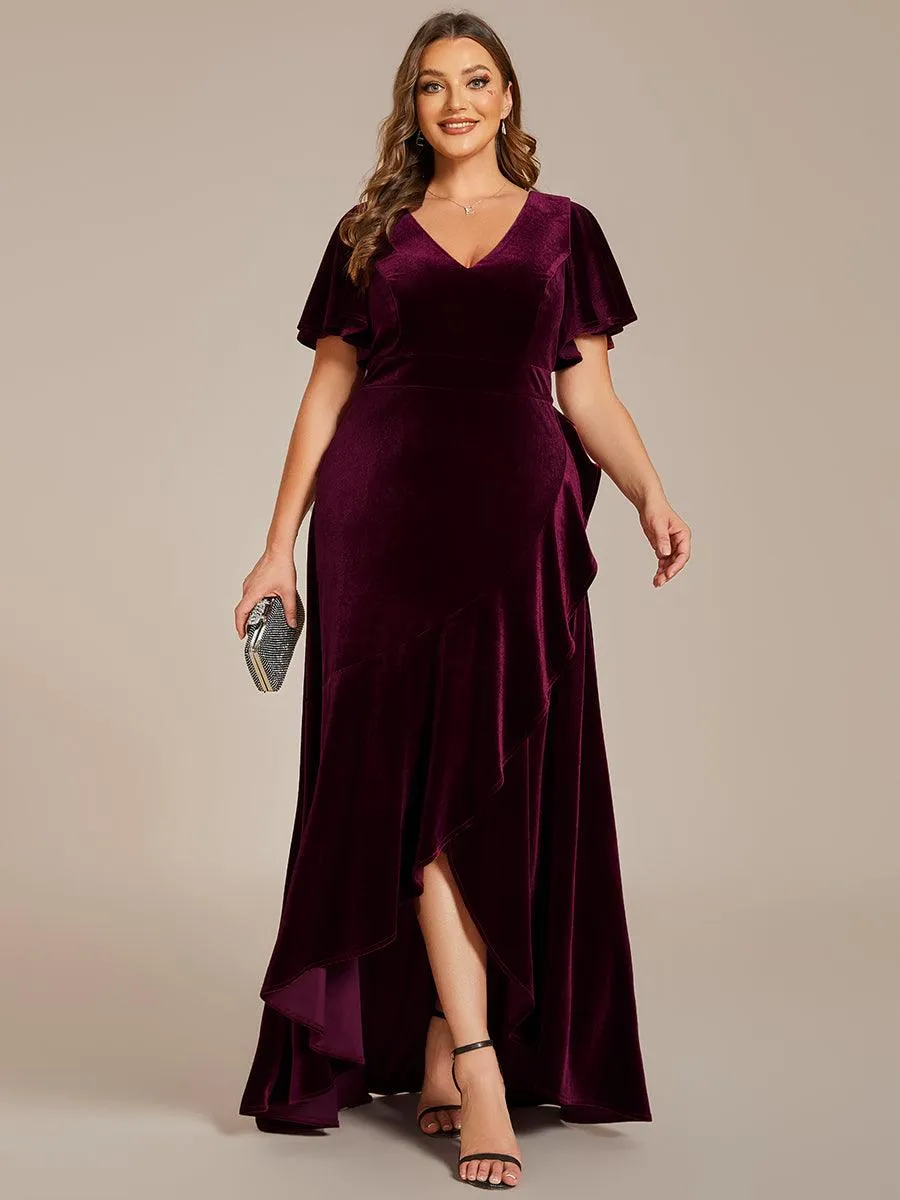 Robe de soirée en velours extensible à double col en V et manches courtes avec ourlet en feuille de lotus