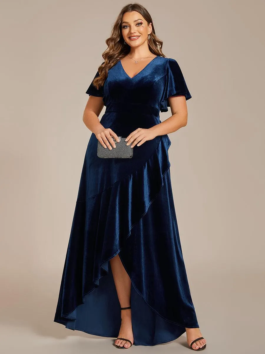 Robe de soirée en velours extensible à double col en V et manches courtes avec ourlet en feuille de lotus