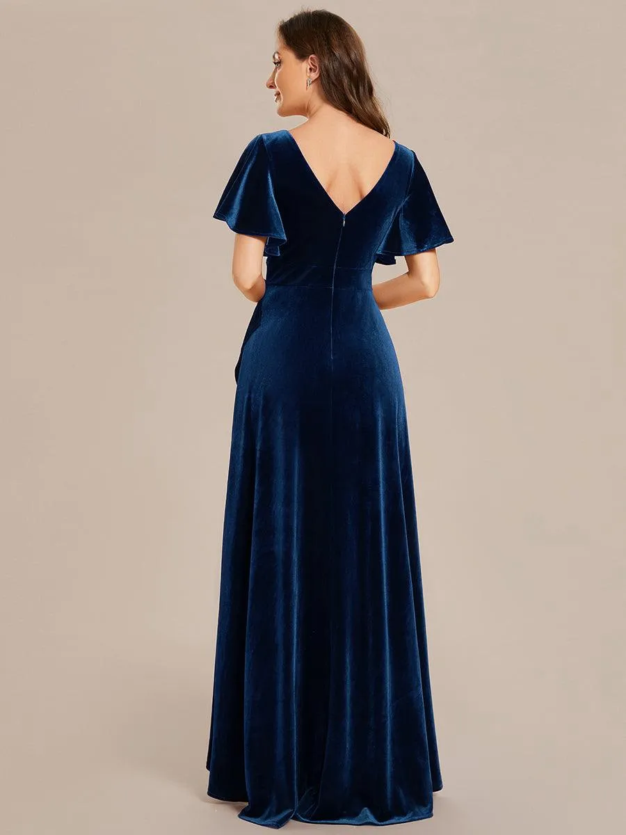Robe de soirée en velours extensible à double col en V et manches courtes avec ourlet en feuille de lotus