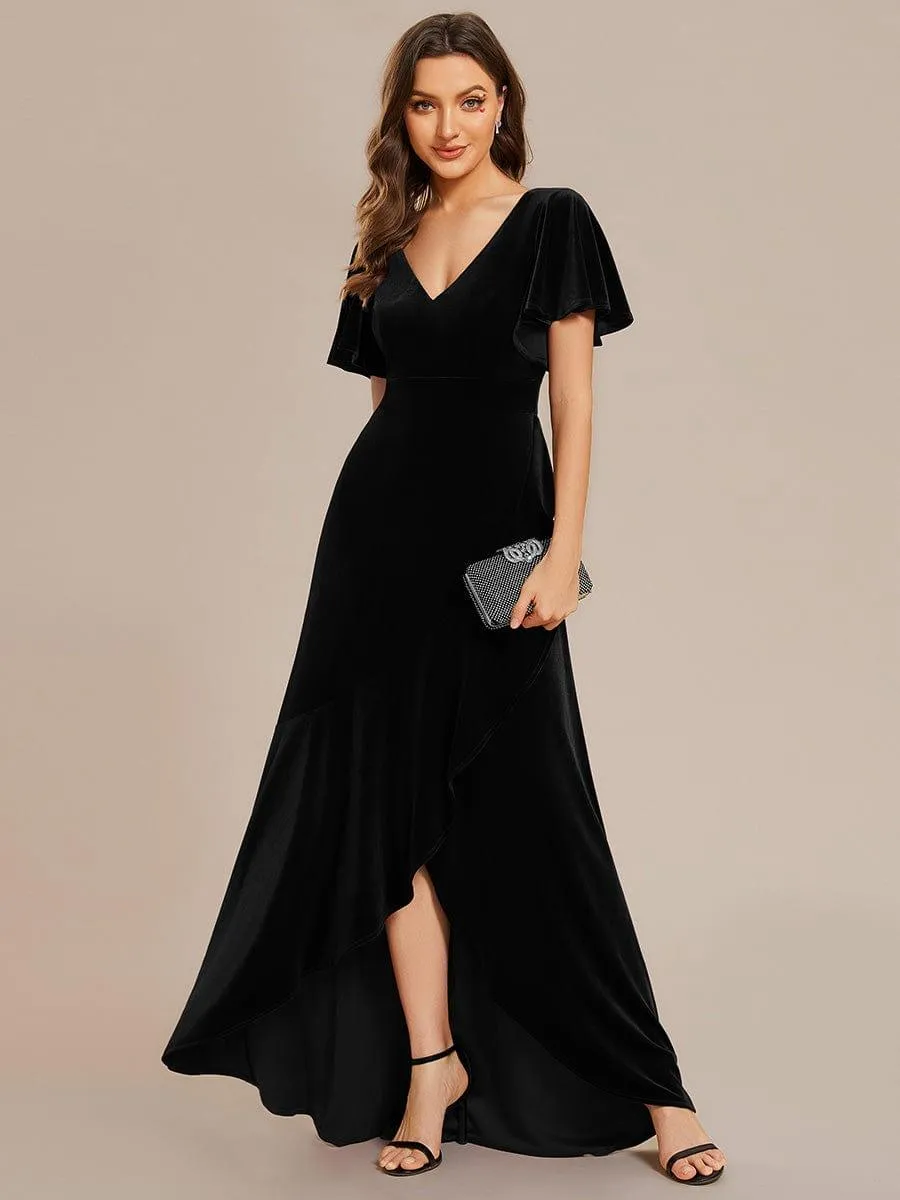 Robe de soirée en velours extensible à double col en V et manches courtes avec ourlet en feuille de lotus
