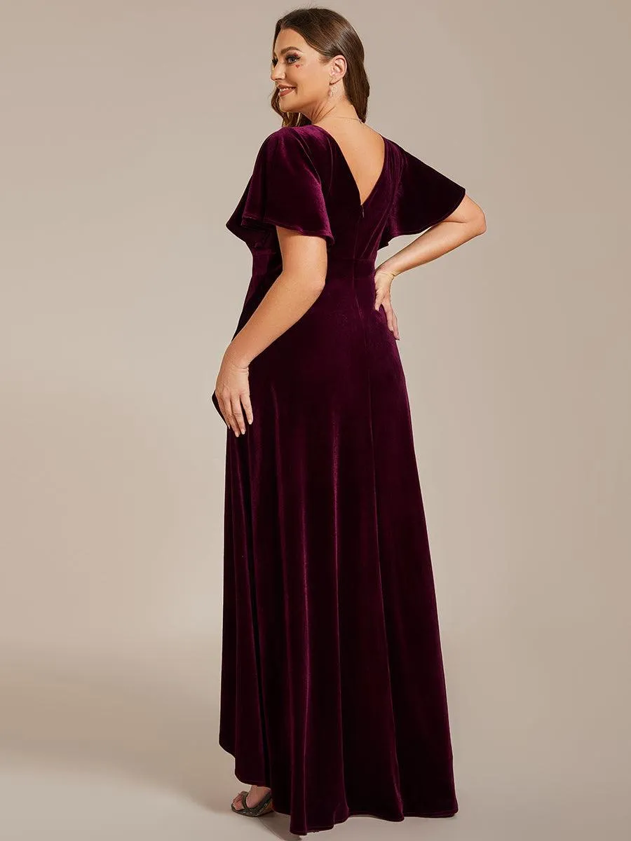 Robe de soirée en velours extensible à double col en V et manches courtes avec ourlet en feuille de lotus