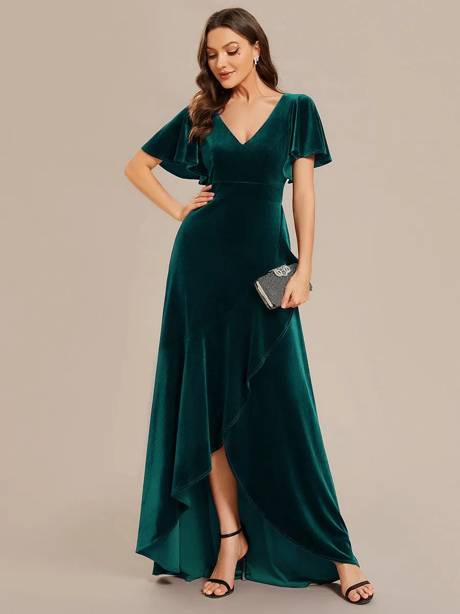 Robe de soirée en velours extensible à double col en V et manches courtes avec ourlet en feuille de lotus