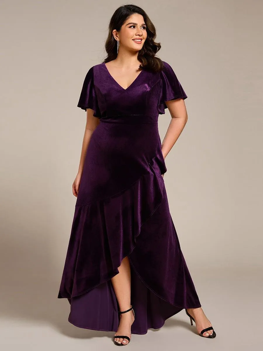 Robe de soirée en velours extensible à double col en V et manches courtes avec ourlet en feuille de lotus