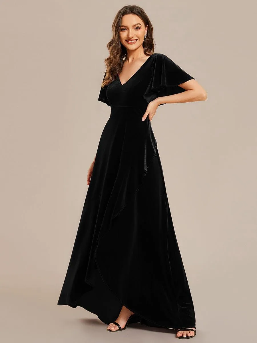 Robe de soirée en velours extensible à double col en V et manches courtes avec ourlet en feuille de lotus