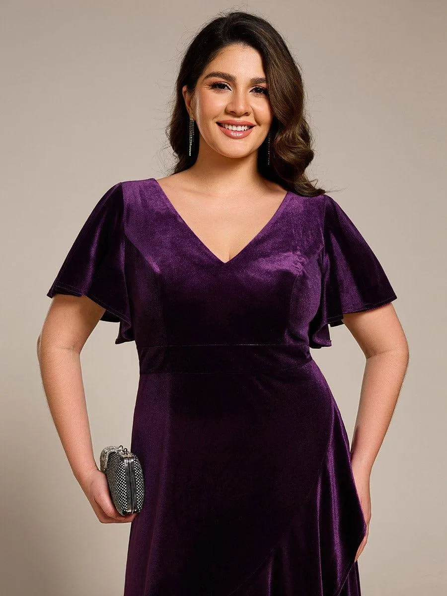 Robe de soirée en velours extensible à double col en V et manches courtes avec ourlet en feuille de lotus