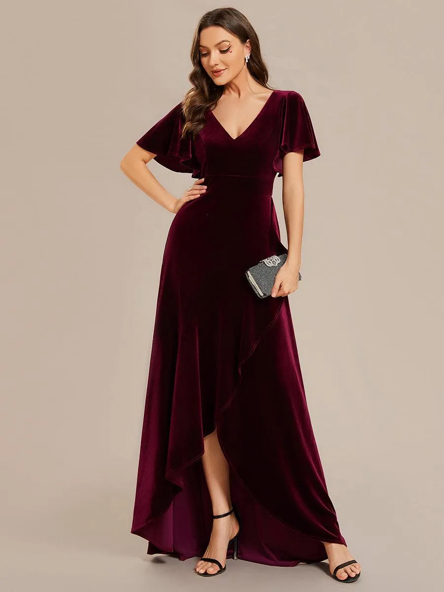 Robe de soirée en velours extensible à double col en V et manches courtes avec ourlet en feuille de lotus