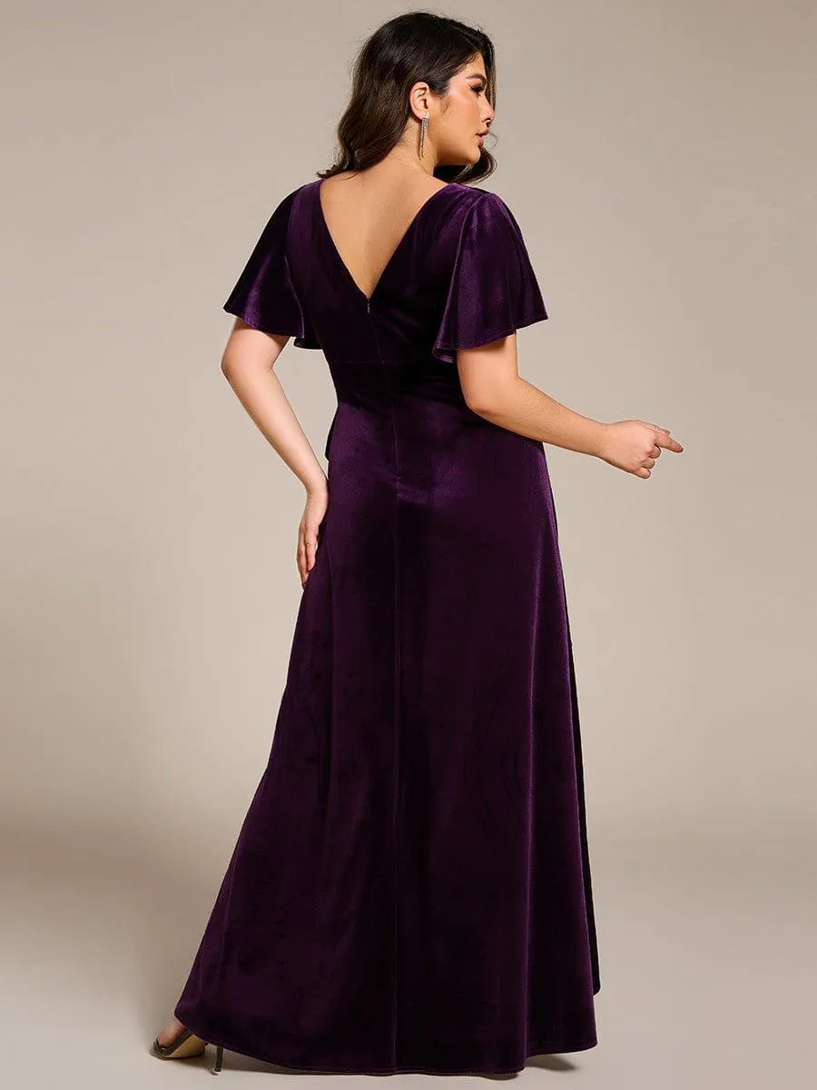 Robe de soirée en velours extensible à double col en V et manches courtes avec ourlet en feuille de lotus
