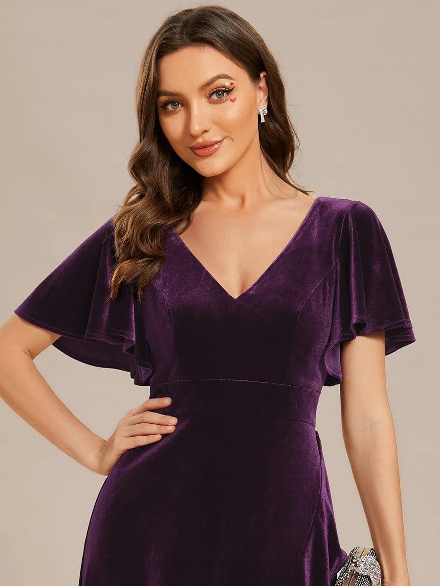 Robe de soirée en velours extensible à double col en V et manches courtes avec ourlet en feuille de lotus