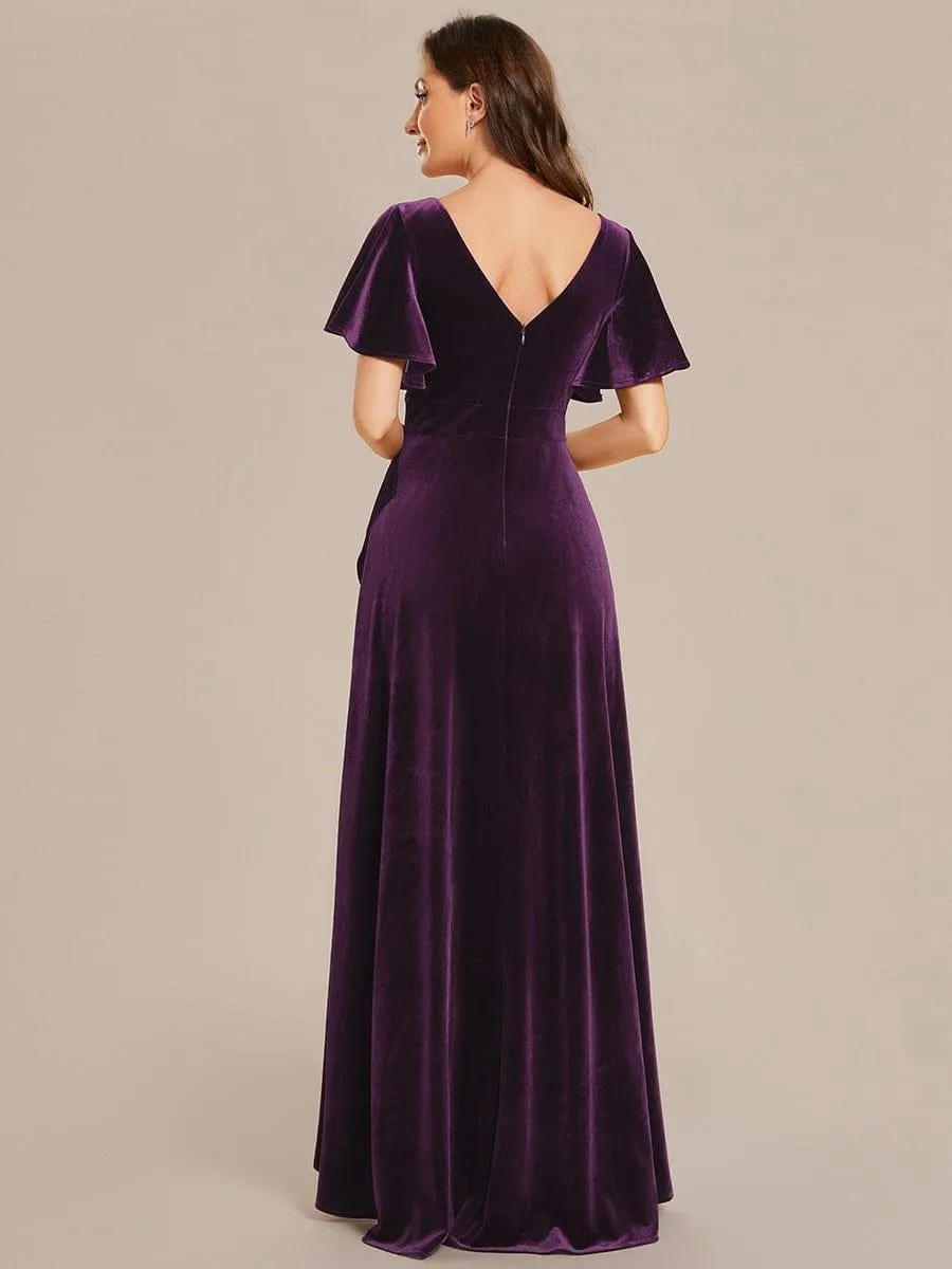 Robe de soirée en velours extensible à double col en V et manches courtes avec ourlet en feuille de lotus