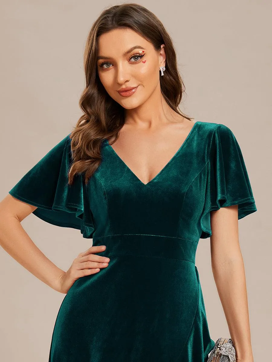 Robe de soirée en velours extensible à double col en V et manches courtes avec ourlet en feuille de lotus