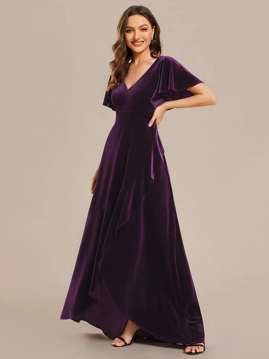 Robe de soirée en velours extensible à double col en V et manches courtes avec ourlet en feuille de lotus
