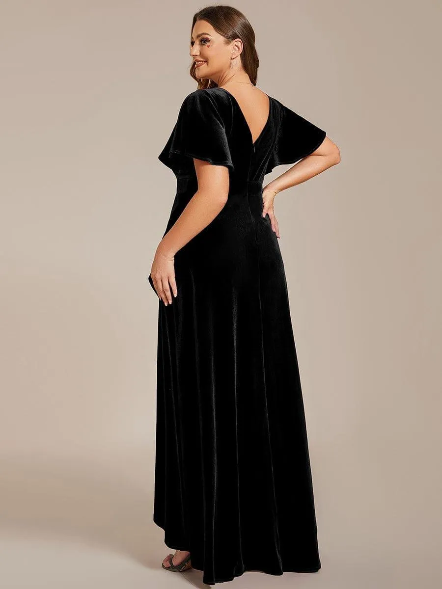 Robe de soirée en velours extensible à double col en V et manches courtes avec ourlet en feuille de lotus