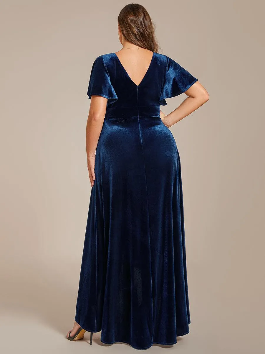 Robe de soirée en velours extensible à double col en V et manches courtes avec ourlet en feuille de lotus