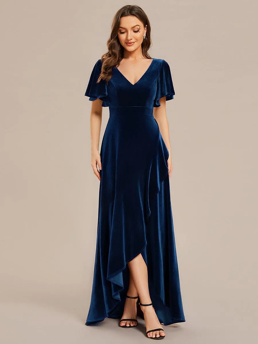 Robe de soirée en velours extensible à double col en V et manches courtes avec ourlet en feuille de lotus