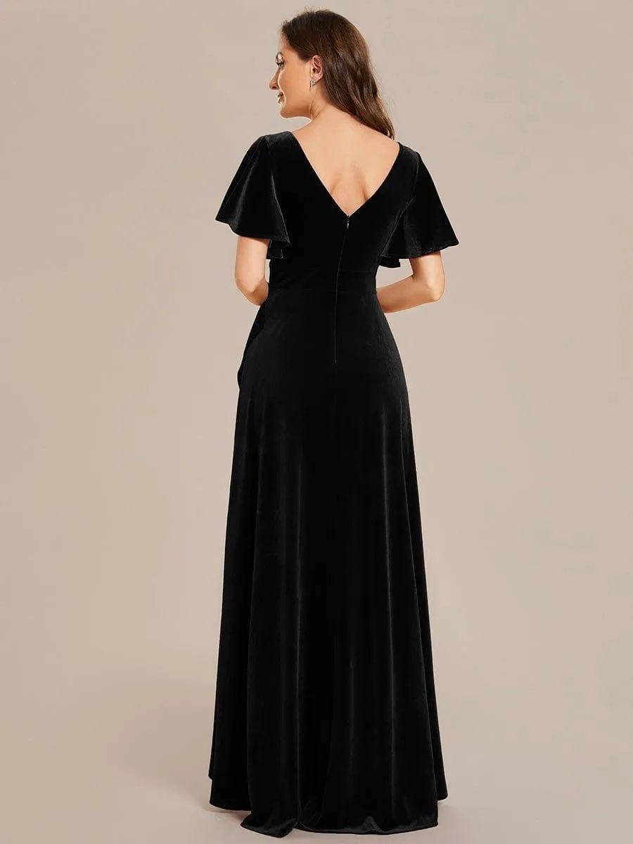 Robe de soirée en velours extensible à double col en V et manches courtes avec ourlet en feuille de lotus