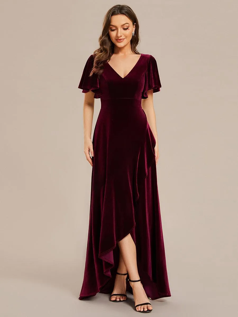 Robe de soirée en velours extensible à double col en V et manches courtes avec ourlet en feuille de lotus