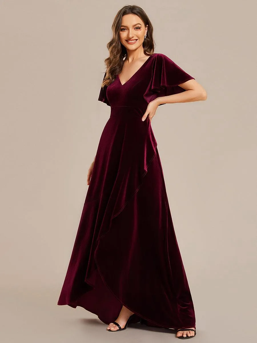 Robe de soirée en velours extensible à double col en V et manches courtes avec ourlet en feuille de lotus