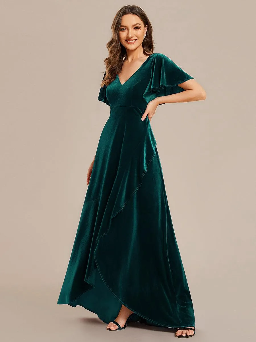Robe de soirée en velours extensible à double col en V et manches courtes avec ourlet en feuille de lotus