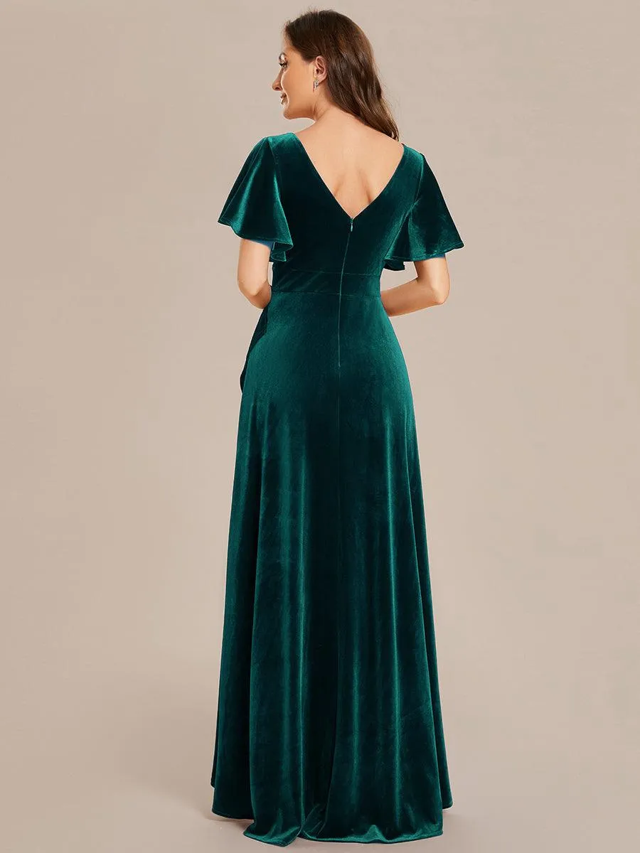 Robe de soirée en velours extensible à double col en V et manches courtes avec ourlet en feuille de lotus