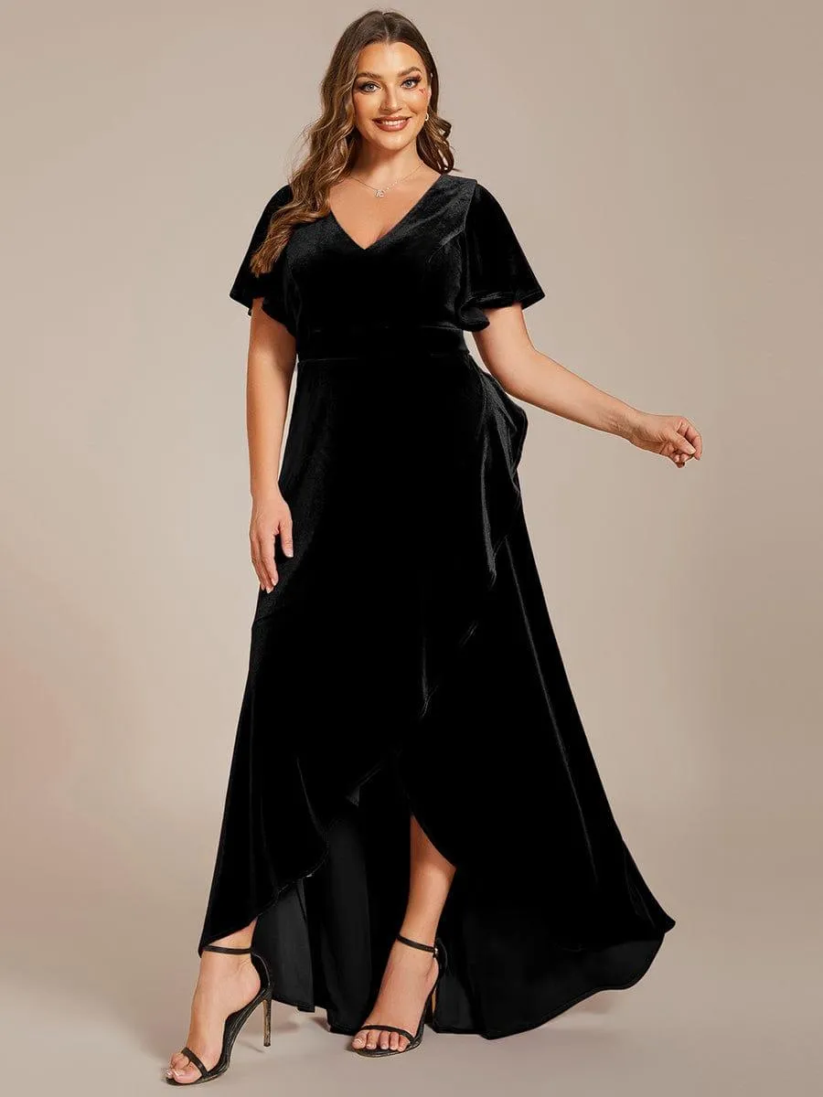 Robe de soirée en velours extensible à double col en V et manches courtes avec ourlet en feuille de lotus
