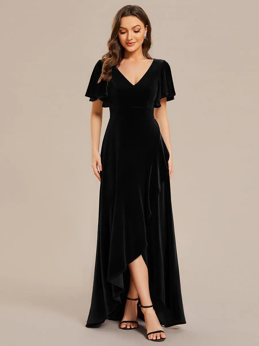 Robe de soirée en velours extensible à double col en V et manches courtes avec ourlet en feuille de lotus