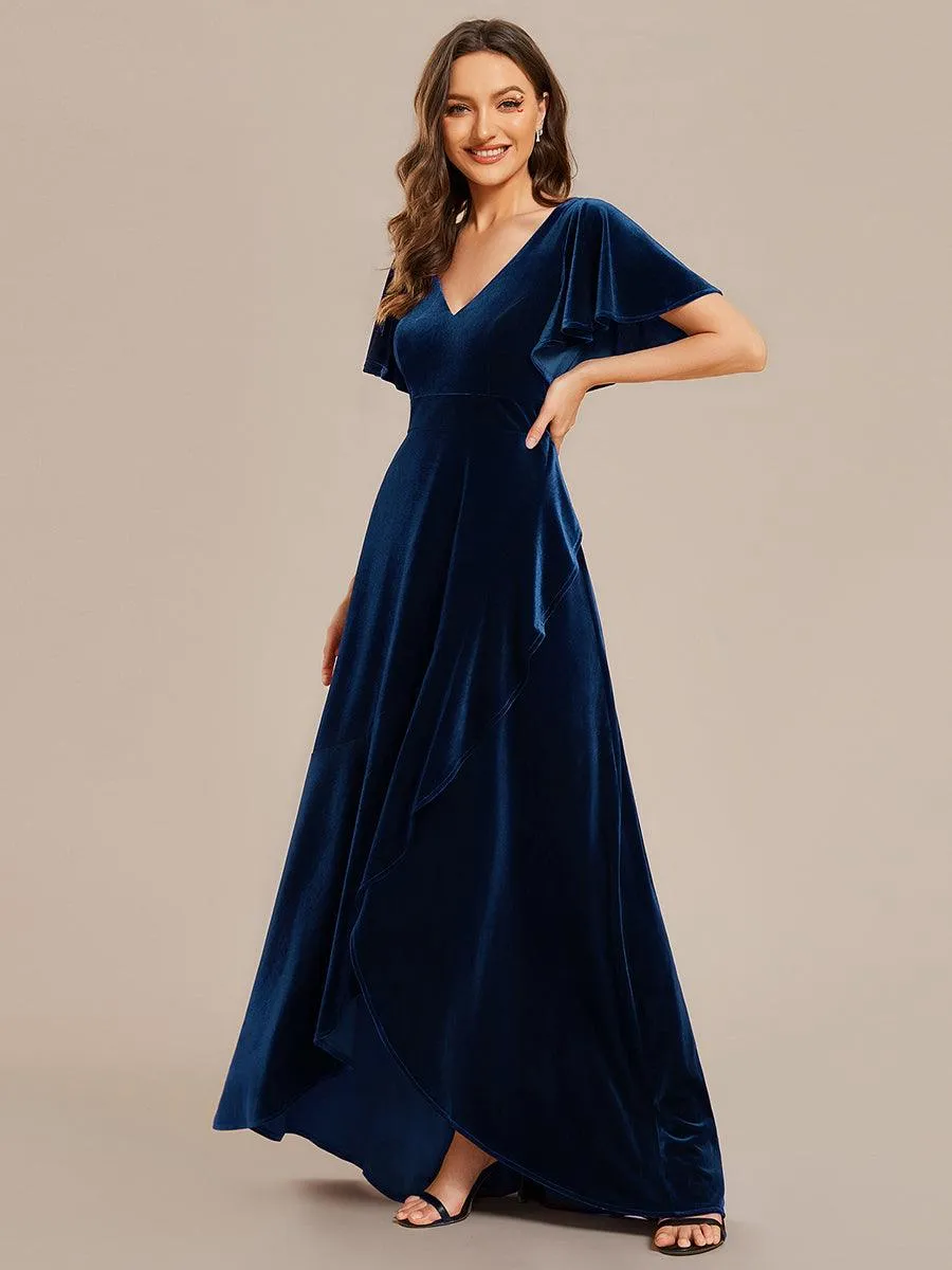 Robe de soirée en velours extensible à double col en V et manches courtes avec ourlet en feuille de lotus