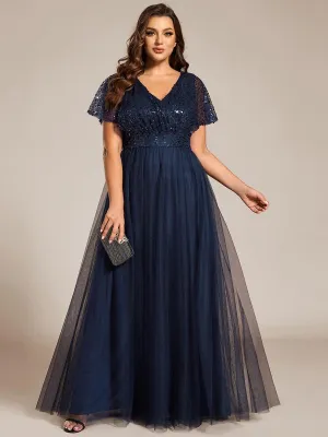 Robe de soirée formelle à paillettes manches courtes col en V grande taille