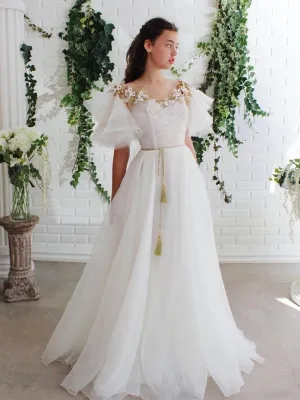 Round Neck Flared Sleeves 3D Flower White Long Prom, Long Floral White Formal Evening
