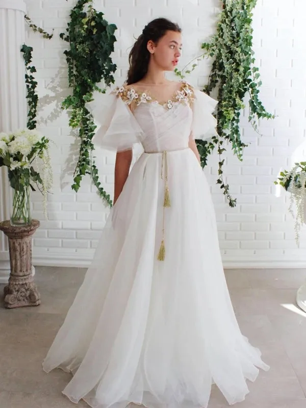 Round Neck Flared Sleeves 3D Flower White Long Prom, Long Floral White Formal Evening