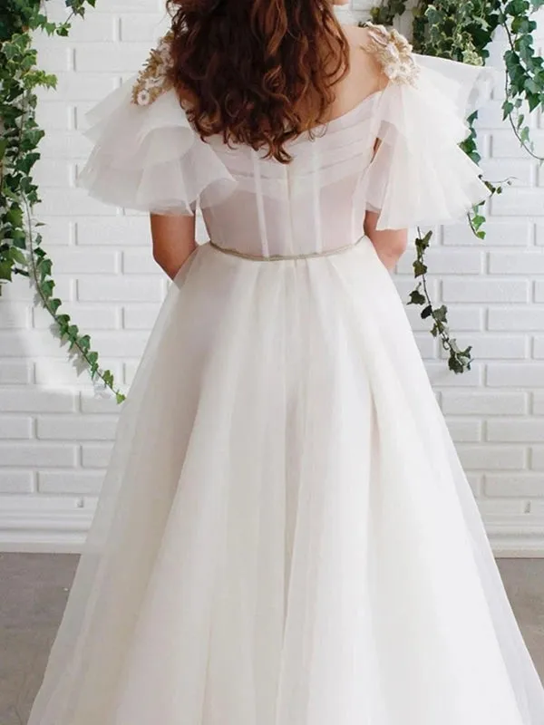 Round Neck Flared Sleeves 3D Flower White Long Prom, Long Floral White Formal Evening