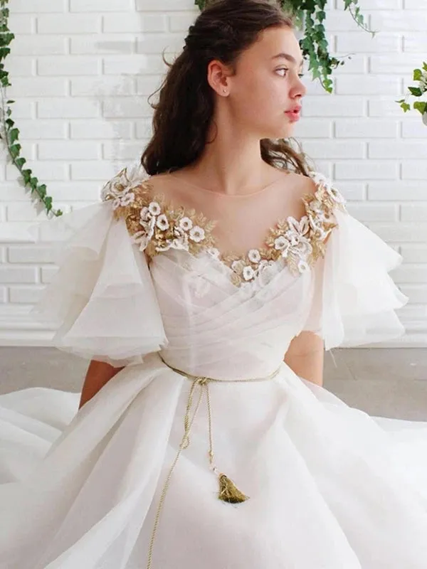 Round Neck Flared Sleeves 3D Flower White Long Prom, Long Floral White Formal Evening