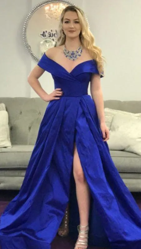 Royal Blue Off Shoulder Satin Long Prom with High Slit, Off Shoulder Royal Blue Formal, Royal Blue Evening
