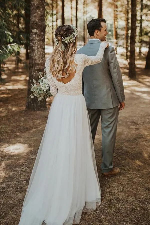 Roycebridal Beautiful A-line Tulle Lace Long Sleeves Wedding Dresses, Bridal Gowns, MW590